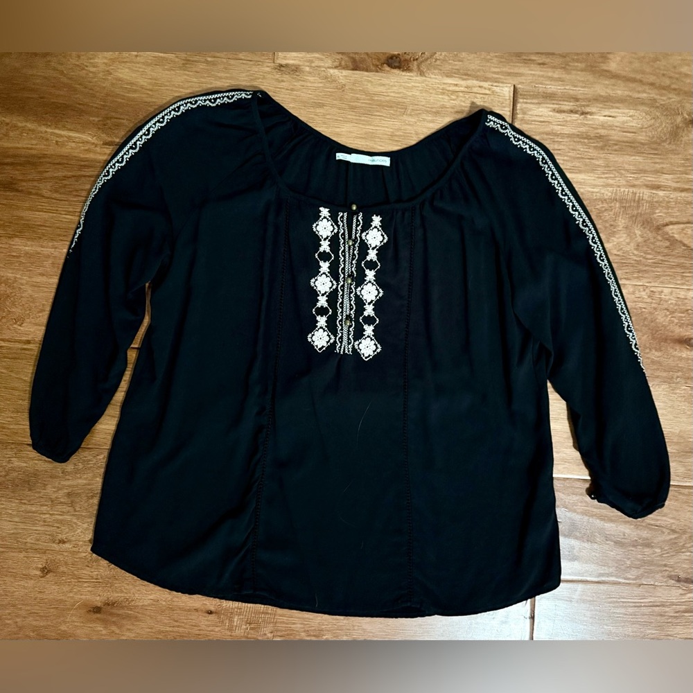 Maurices Black Blouse with White Embroidery